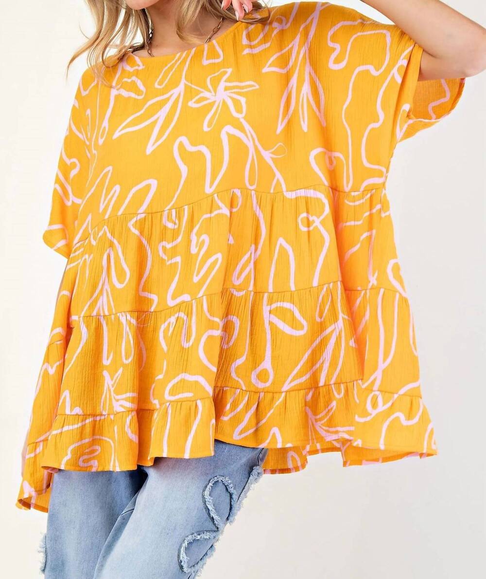 NEW EASEL printed peach blossom babydoll tunic top in yellow